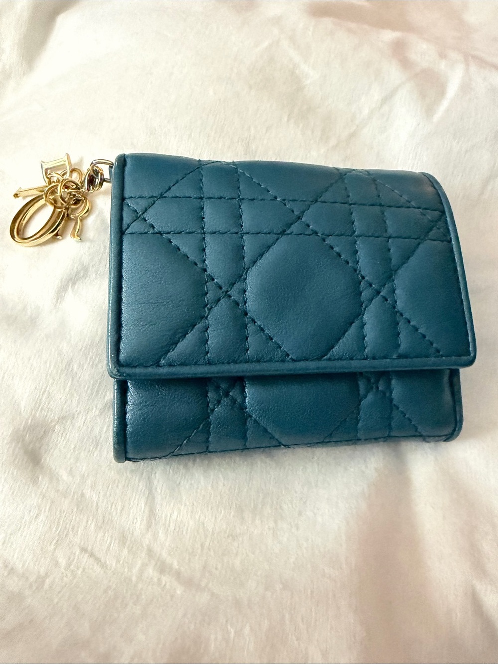 Dior Cannage Leather Double Flap Compact Teal Blue Wallet w/Gold-tone DIOR Charm
